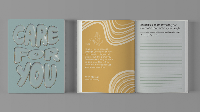 Side by side of the cover and the first open spread of Care For You Journal. The cover is blue with a bold font saying care for you, and the front spread is a description of the book and the first worksheet for the user.