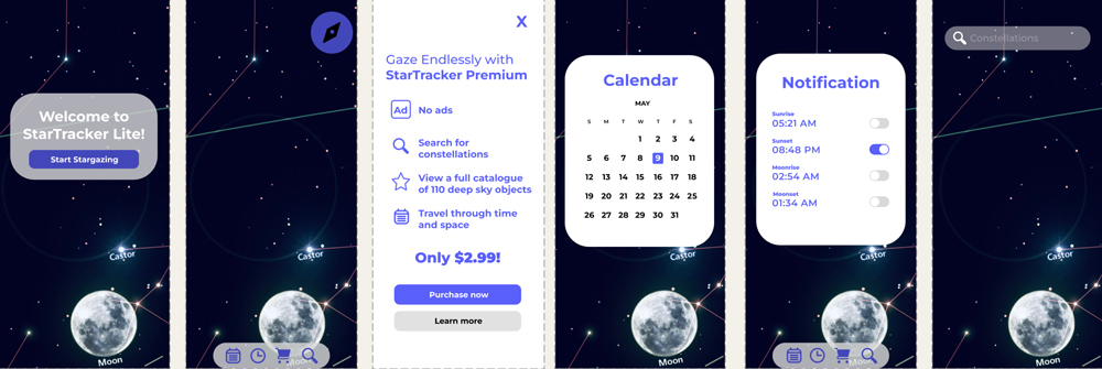 Final screenshots of UX Redesign StarTracker Lite App